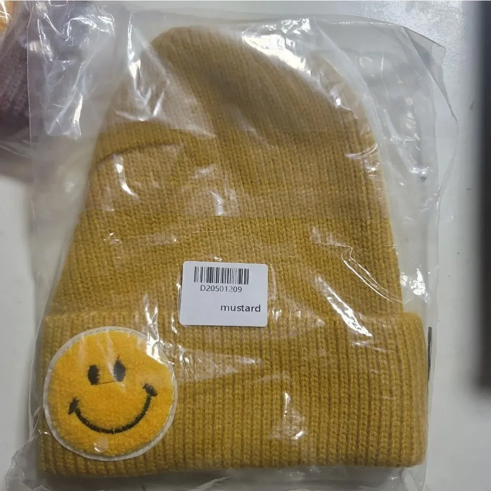 Knit ribbed smiley face hat beanie, mustard